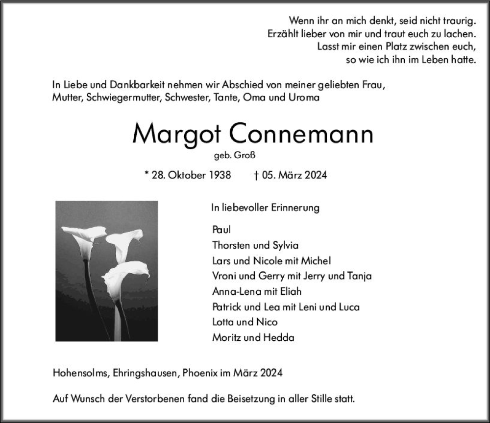  Traueranzeige für Margot Connemann vom 16.03.2024 aus Wetzlarer Neue Zeitung