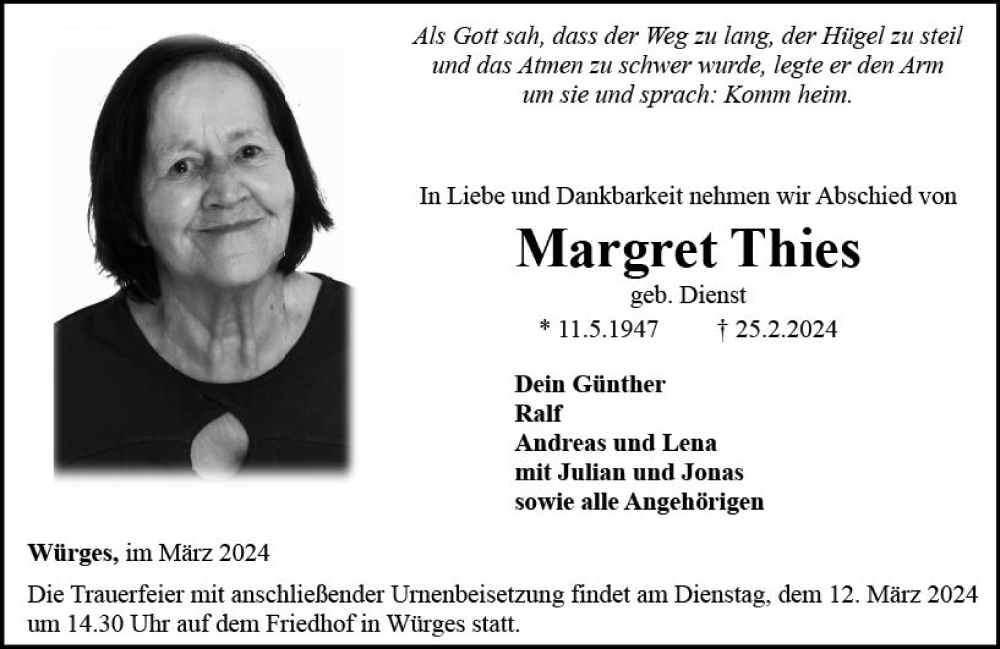  Traueranzeige für Margret Thies vom 07.03.2024 aus Camberger Anzeiger