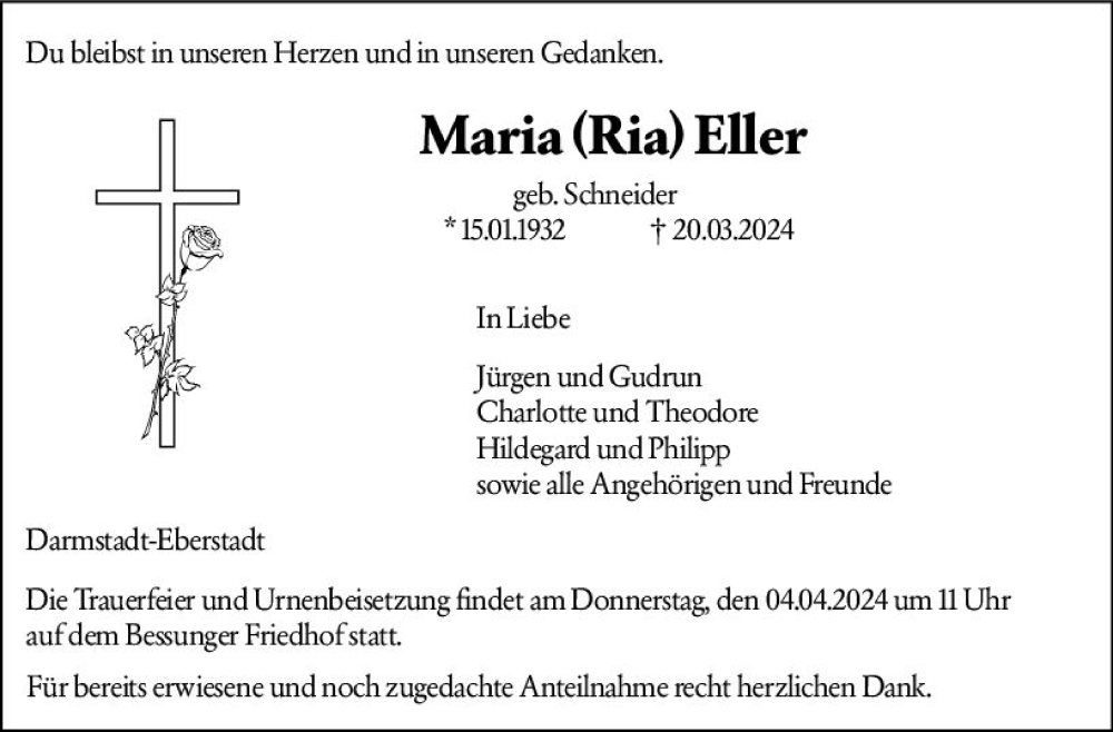  Traueranzeige für Maria Eller vom 30.03.2024 aus Darmstädter Echo