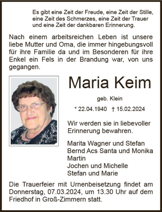Traueranzeige von Maria Keim von Dieburger Anzeiger/Groß-Zimmerner Lokal-Anzeiger