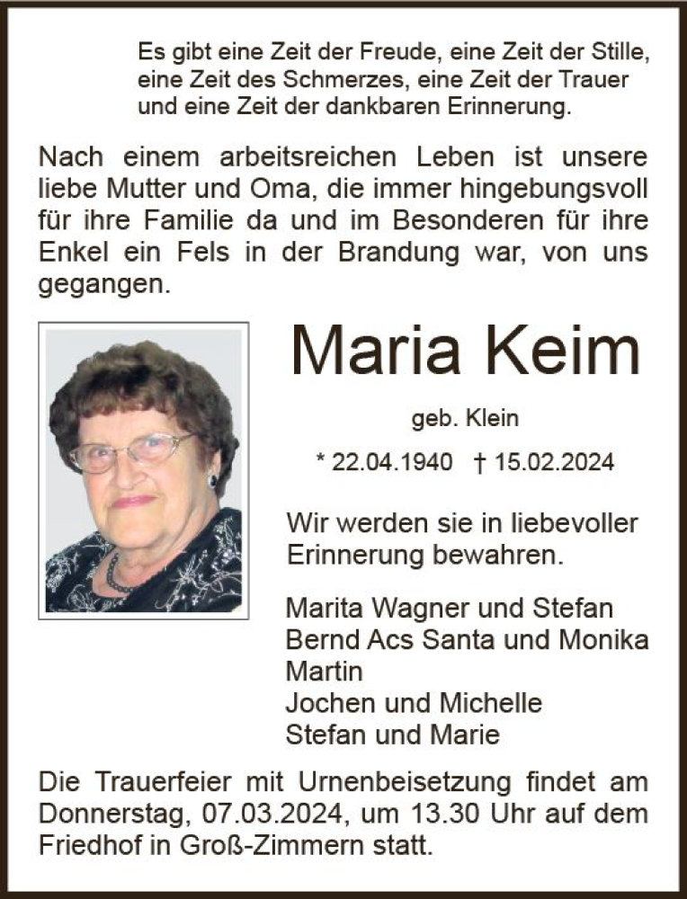  Traueranzeige für Maria Keim vom 02.03.2024 aus Dieburger Anzeiger/Groß-Zimmerner Lokal-Anzeiger