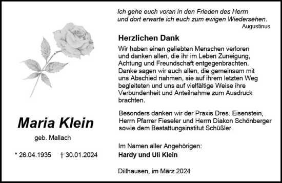 Traueranzeige von Maria Klein von Weilburger Tageblatt
