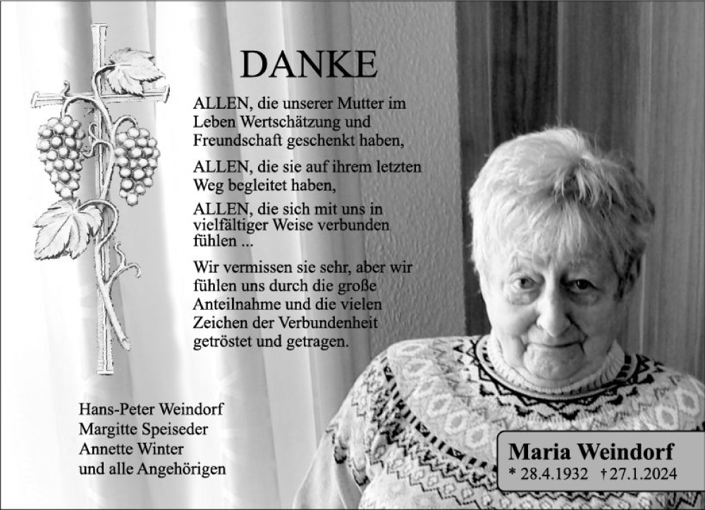 Traueranzeige für Maria Weindorf vom 02.03.2024 aus Allgemeine Zeitung Mainz