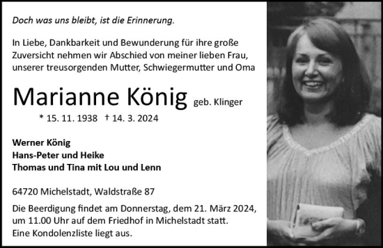Traueranzeige von Marianne König von Odenwälder Echo