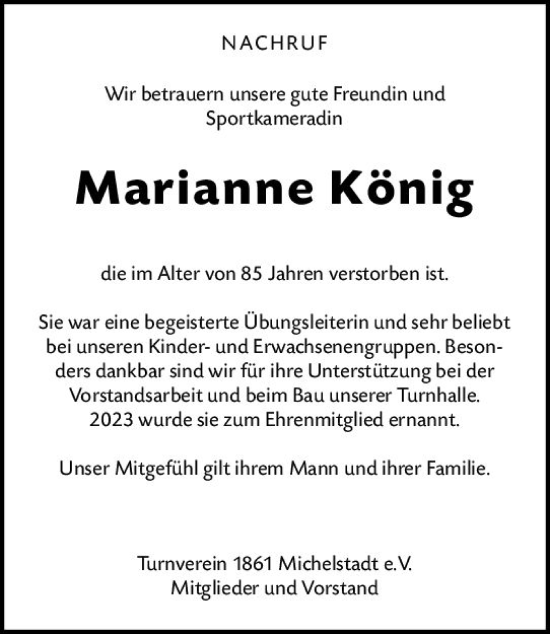 Traueranzeige von Marianne König von Odenwälder Echo