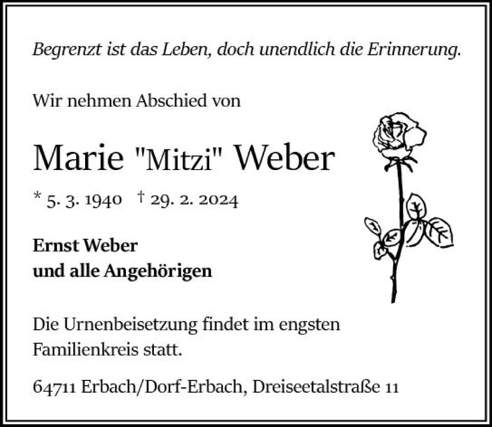  Traueranzeige für Marie Weber vom 09.03.2024 aus Odenwälder Echo