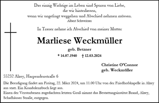 Traueranzeige von Marliese Weckmüller von Allgemeine Zeitung Alzey