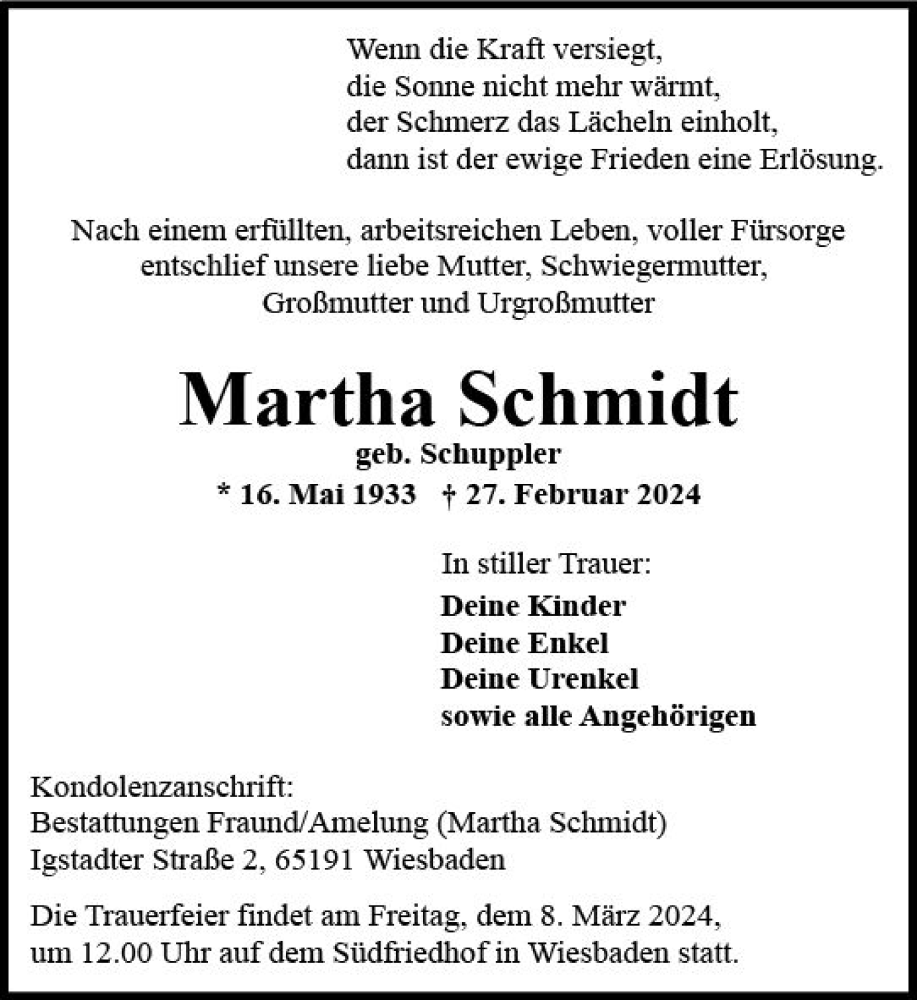  Traueranzeige für Martha Schmidt vom 02.03.2024 aus Wiesbadener Kurier