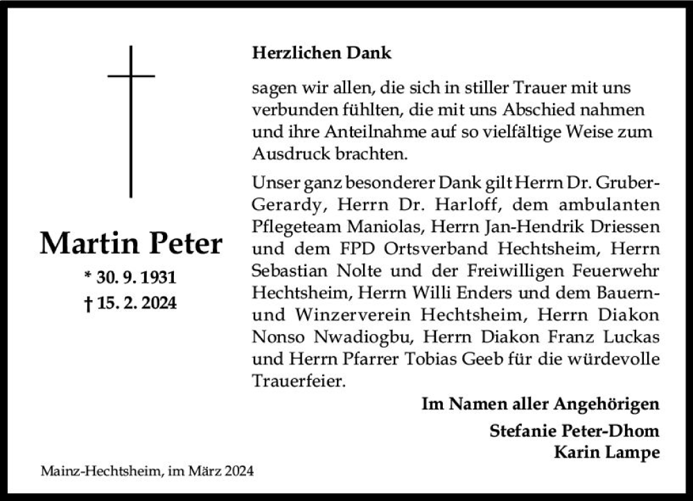  Traueranzeige für Martin Peter vom 23.03.2024 aus Allgemeine Zeitung Mainz