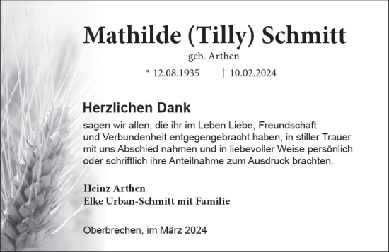 Traueranzeige von Mathilde Schmitt von Camberger Anzeiger