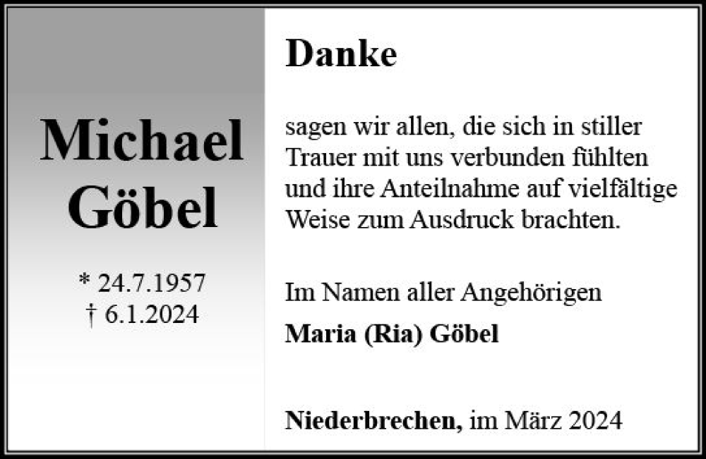  Traueranzeige für Michael Göbel vom 07.03.2024 aus Camberger Anzeiger