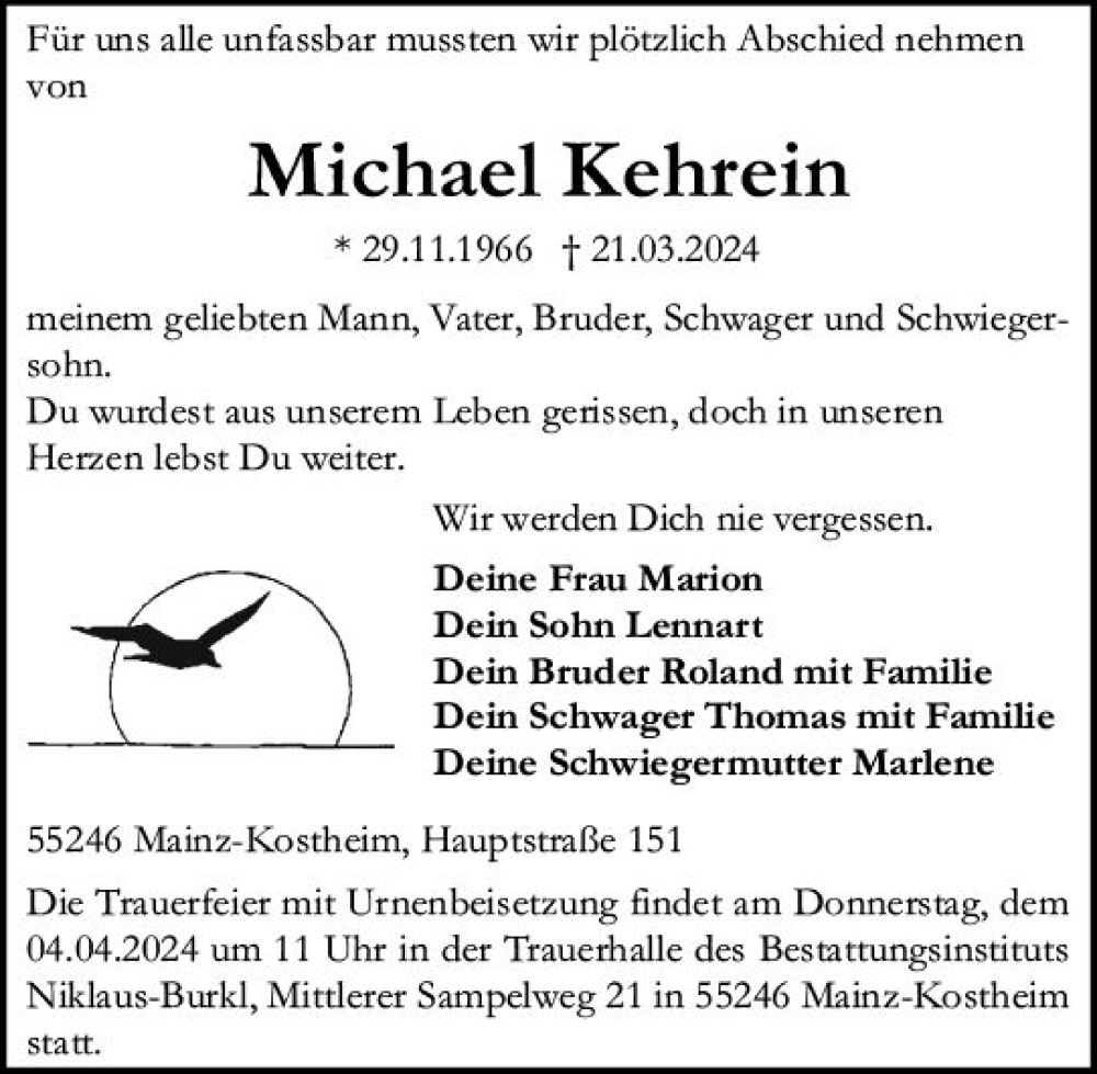  Traueranzeige für Michael Kehrein vom 30.03.2024 aus Allgemeine Zeitung Mainz