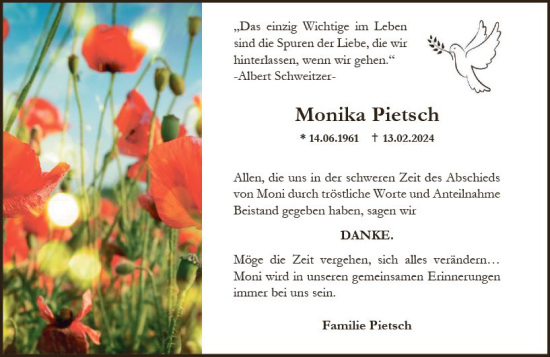Traueranzeige von Monika Pietsch von Wiesbadener Kurier