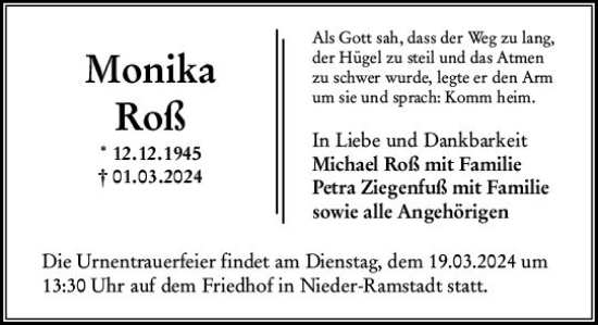 Traueranzeige von Monika Roß von Darmstädter Echo