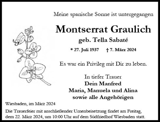 Traueranzeige von Montserrat Graulich von Wiesbadener Kurier