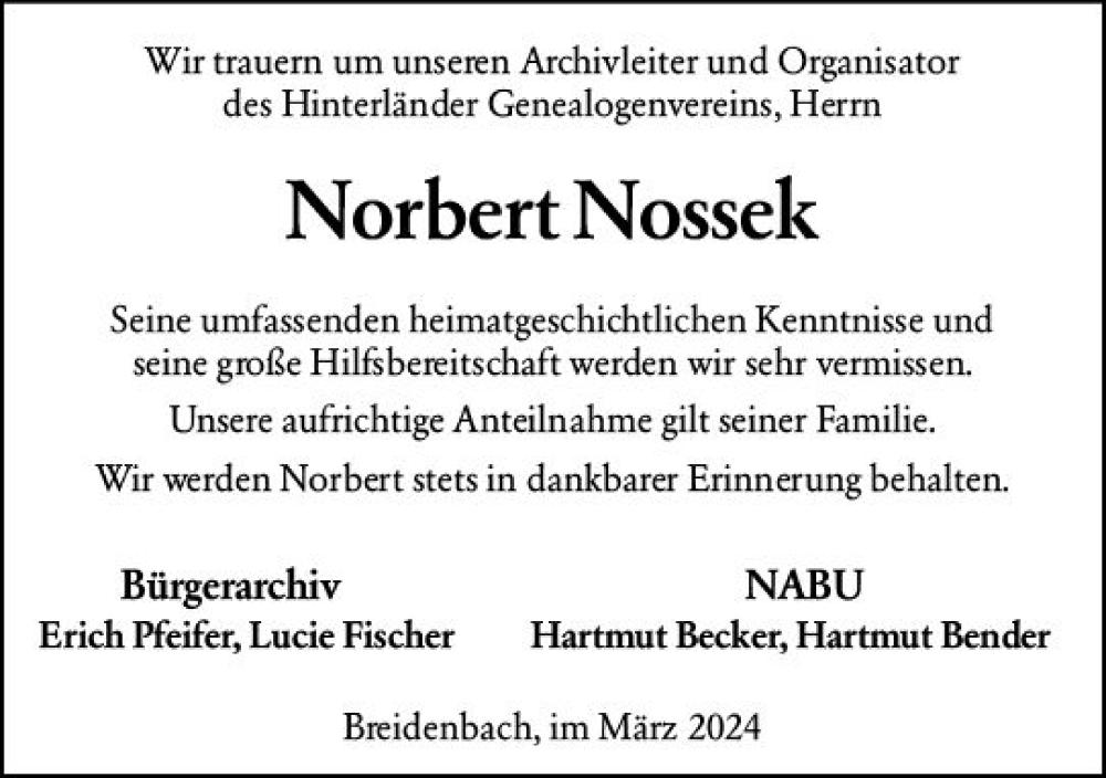 Traueranzeige für Norbert Nossek vom 27.03.2024 aus Hinterländer Anzeiger