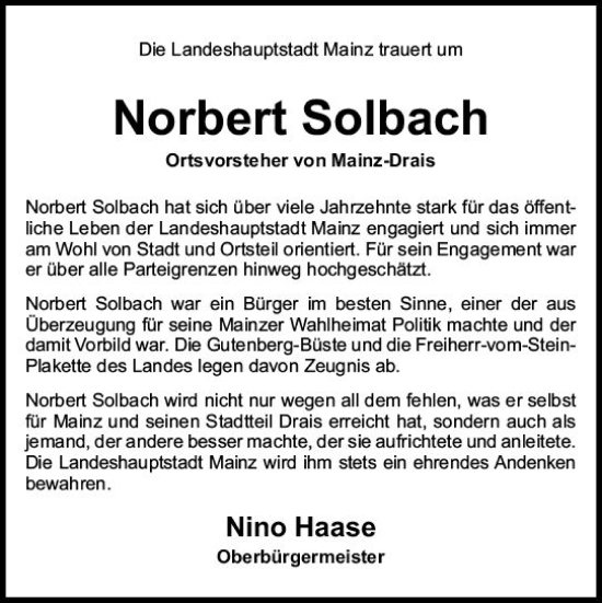Traueranzeige von Norbert Solbach von Allgemeine Zeitung Mainz
