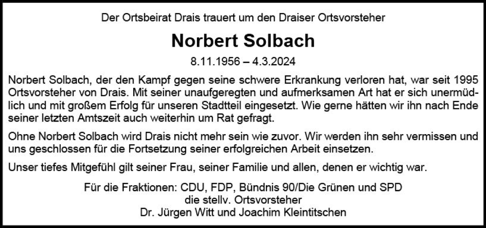  Traueranzeige für Norbert Solbach vom 09.03.2024 aus Allgemeine Zeitung Mainz
