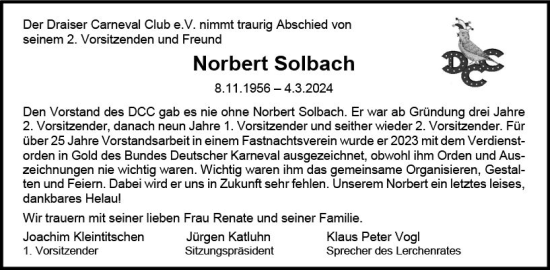 Traueranzeige von Norbert Solbach von Allgemeine Zeitung Mainz