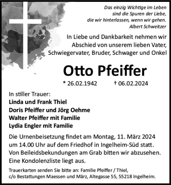 Traueranzeige von Otto Pfeiffer von Allgemeine Zeitung Bingen/Ingelheim