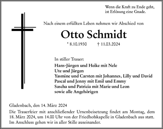 Traueranzeige von Otto Schmidt von Hinterländer Anzeiger