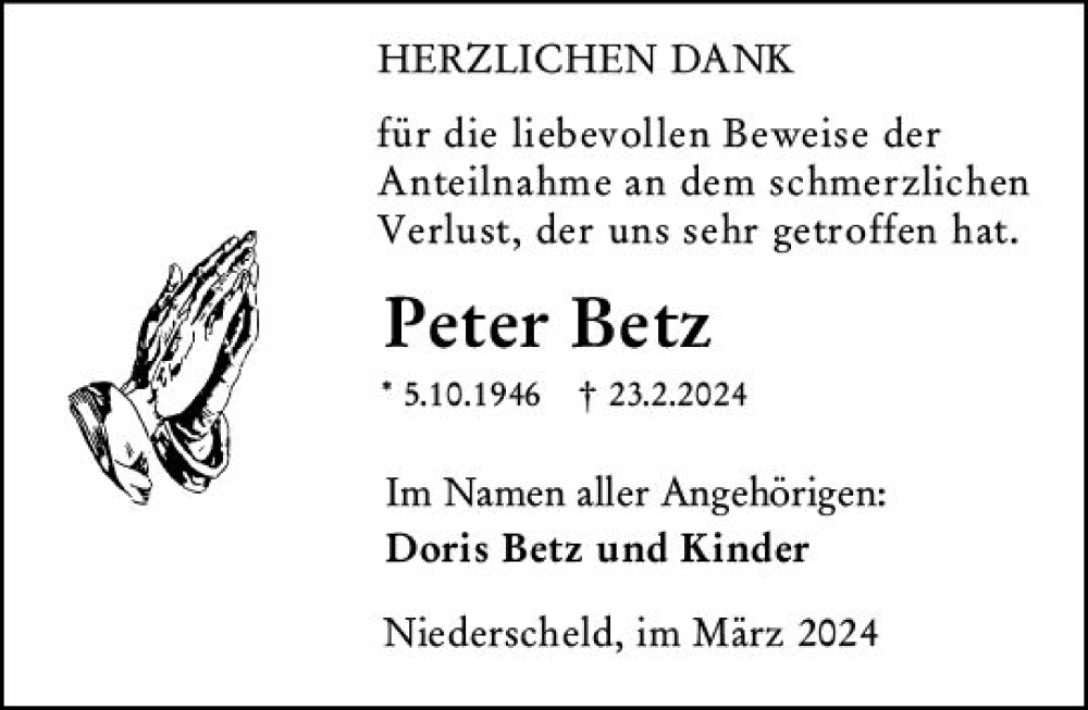  Traueranzeige für Peter Betz vom 16.03.2024 aus Dill Block