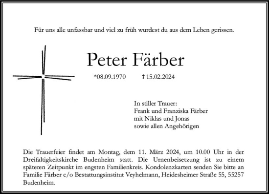 Traueranzeige von Peter Färber von Allgemeine Zeitung Mainz