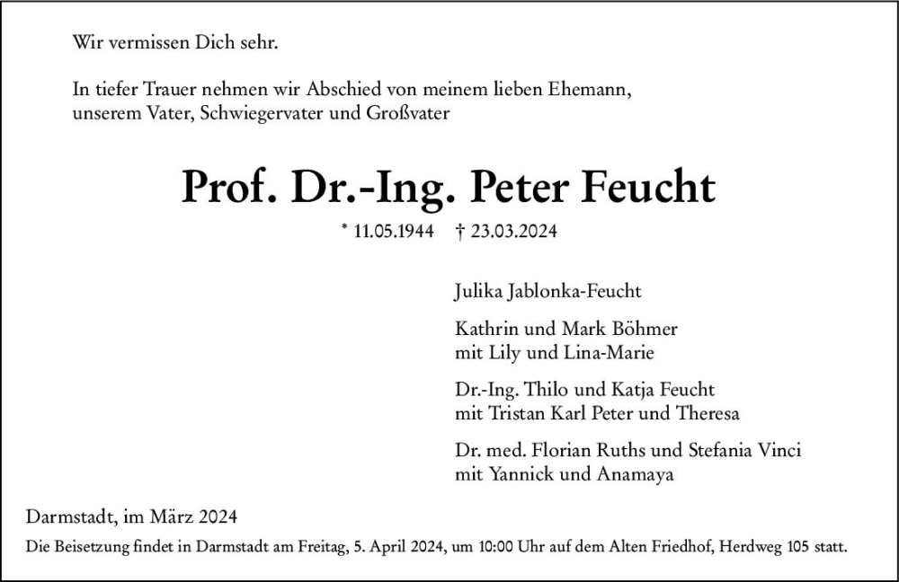  Traueranzeige für Peter Feucht vom 30.03.2024 aus Darmstädter Echo