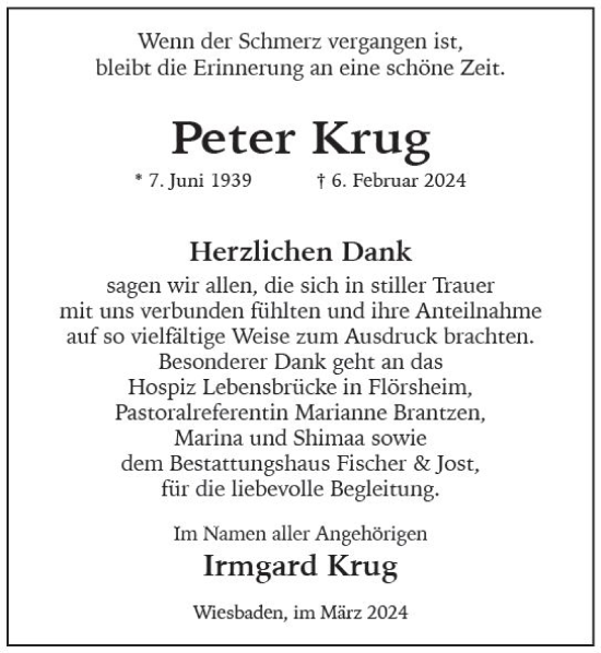 Traueranzeige von Peter Krug von Wiesbadener Kurier