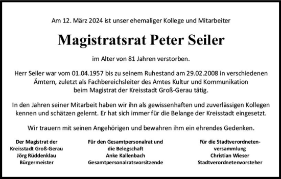 Traueranzeige von Peter Seiler von Groß-Gerauer Echo