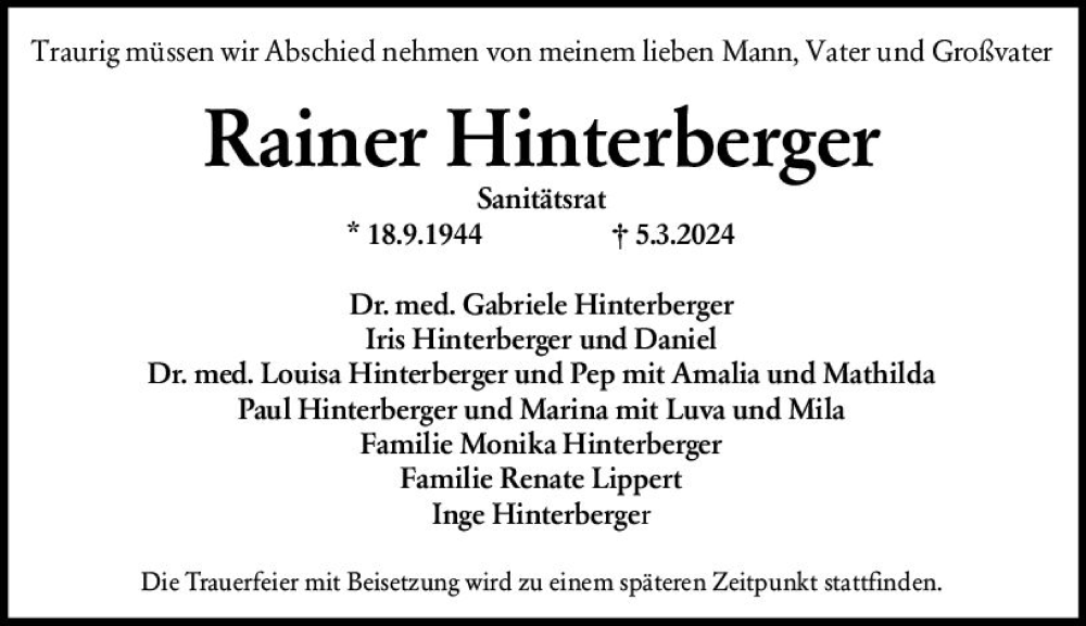  Traueranzeige für Rainer Hinterberger vom 09.03.2024 aus Wiesbadener Kurier