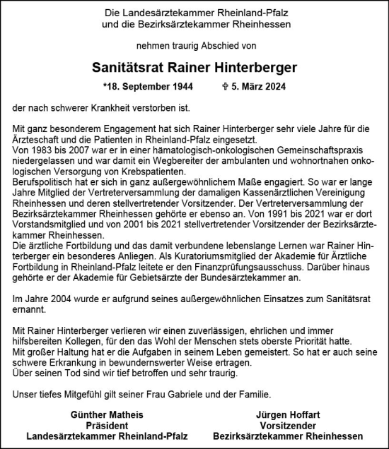 Traueranzeige von Rainer Hinterberger von Wiesbadener Kurier