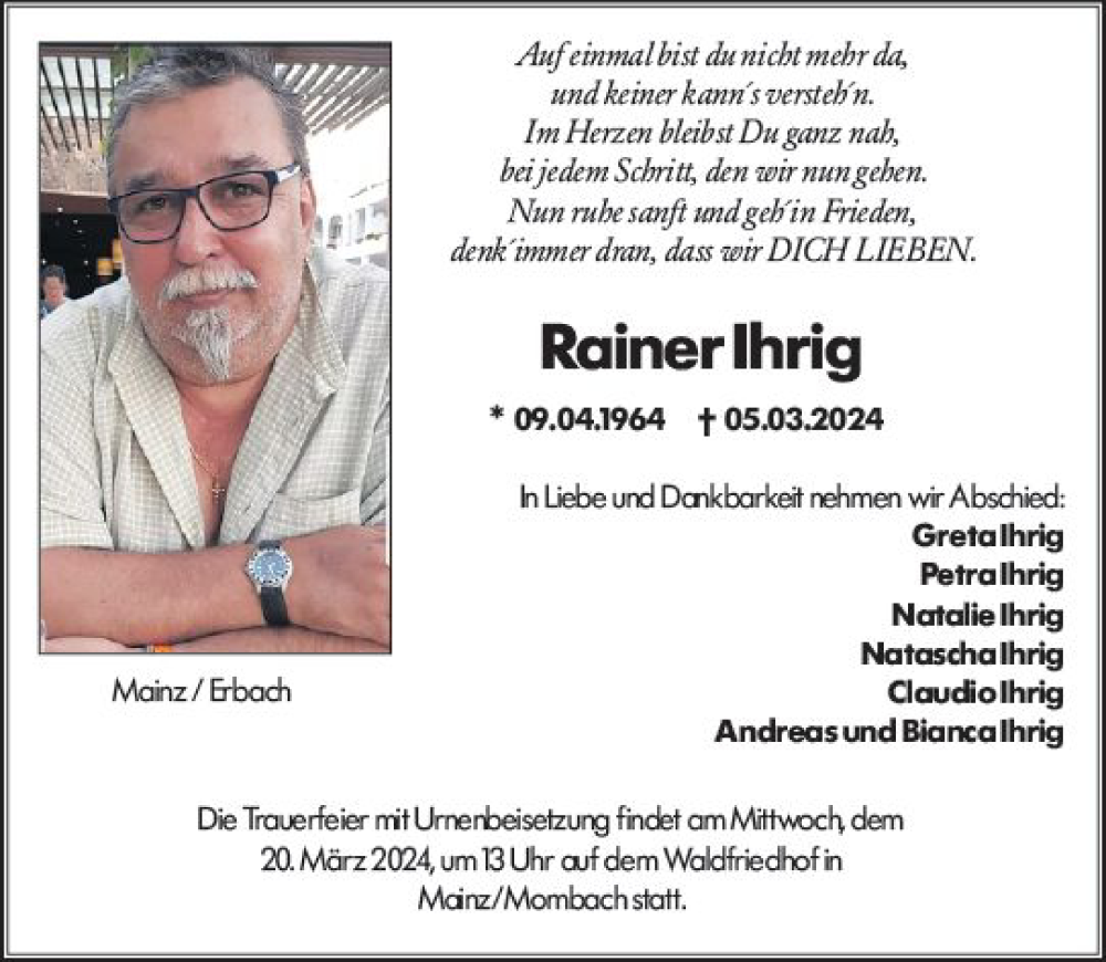  Traueranzeige für Rainer Ihrig vom 16.03.2024 aus Odenwälder Echo