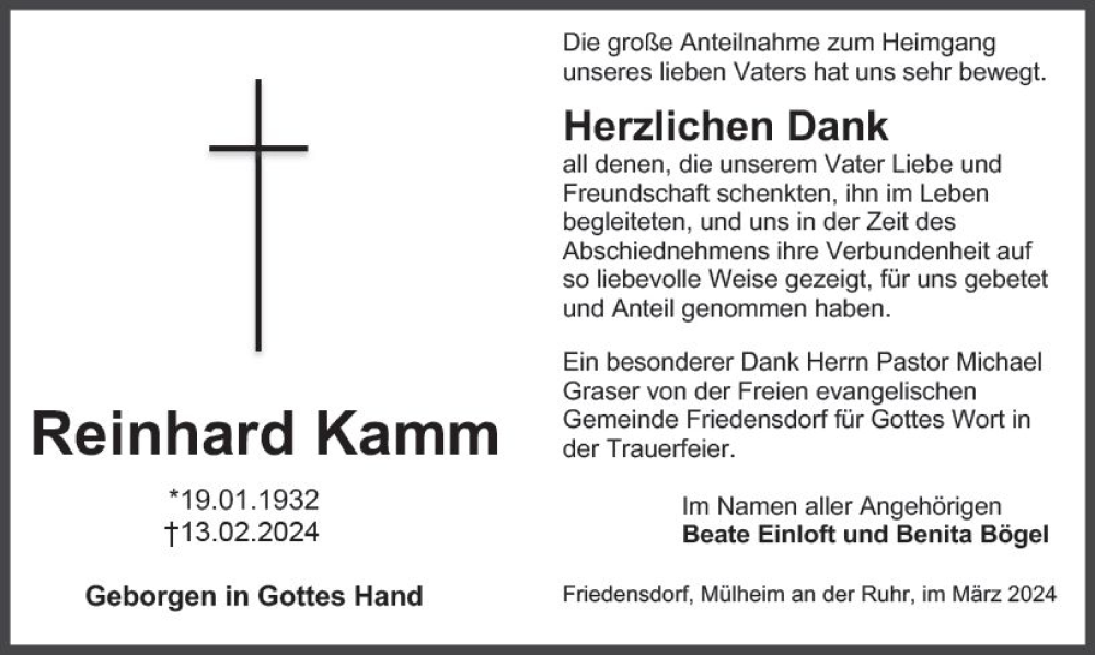  Traueranzeige für Reinhard Kamm vom 30.03.2024 aus Hinterländer Anzeiger