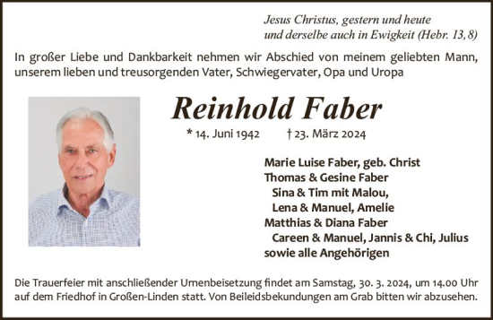 Traueranzeige von Reinhold Faber von Wetzlarer Neue Zeitung