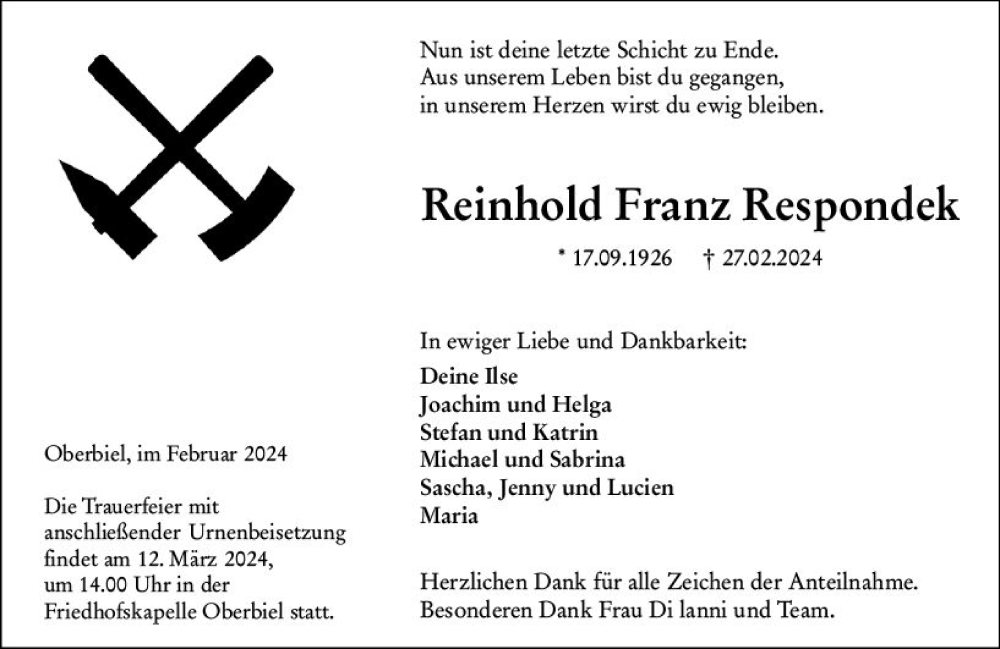  Traueranzeige für Reinhold Franz Respondek vom 09.03.2024 aus Wetzlarer Neue Zeitung