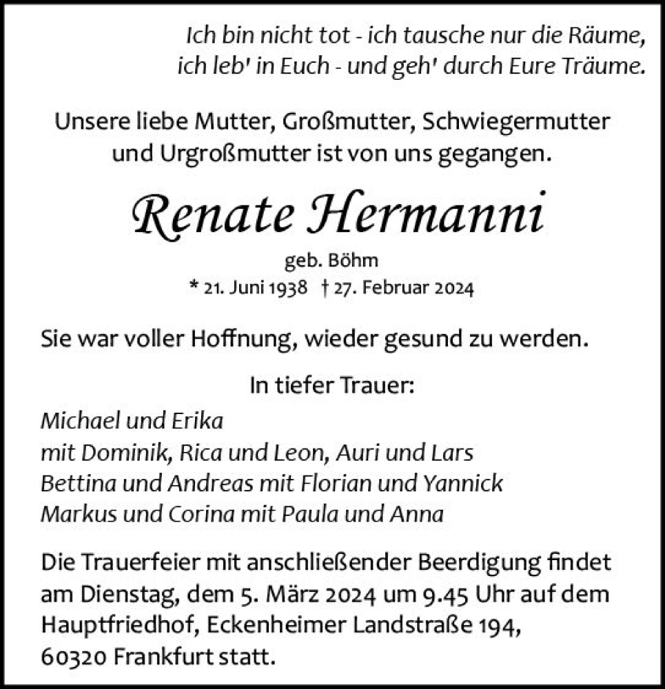  Traueranzeige für Renate Hermanni vom 02.03.2024 aus Allgemeine Zeitung Mainz