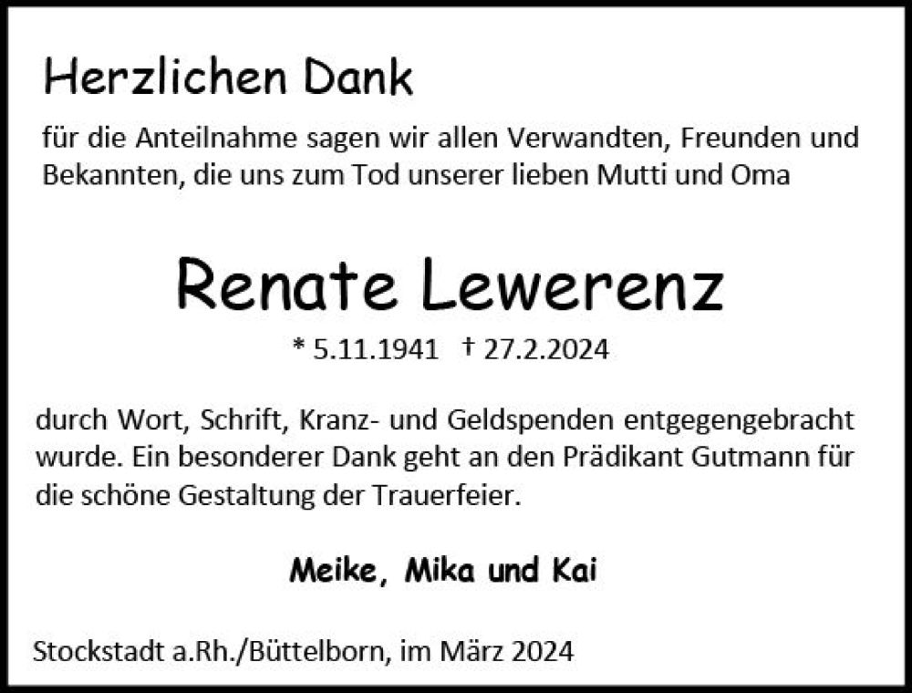  Traueranzeige für Renate Lewerenz vom 16.03.2024 aus Groß-Gerauer Echo