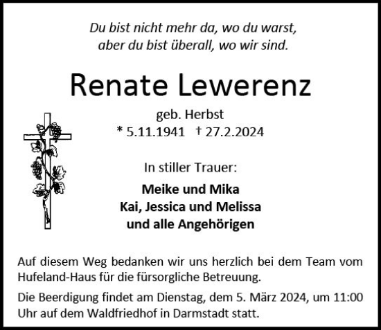 Traueranzeige von Renate Lewerenz von Darmstädter Echo