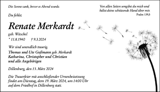 Traueranzeige von Renate Merkardt von Dill Block