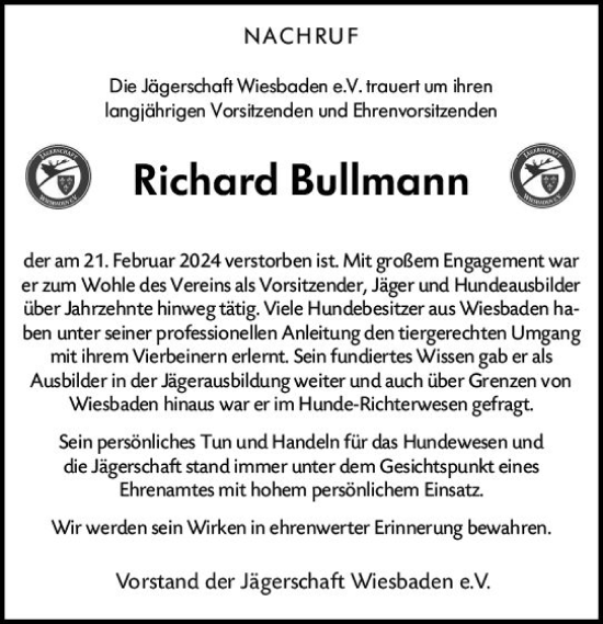 Traueranzeige von Richard Bullmann von Wiesbadener Kurier