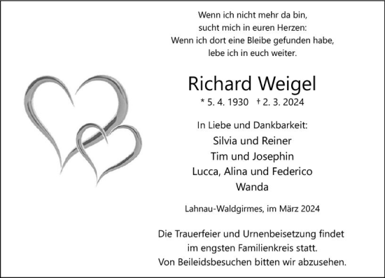 Traueranzeige von Richard Weigel von Wetzlarer Neue Zeitung