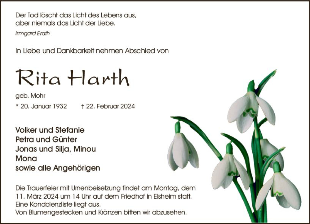  Traueranzeige für Rita Harth vom 02.03.2024 aus Allgemeine Zeitung Mainz