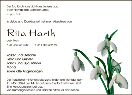 Traueranzeige von Rita Harth von Allgemeine Zeitung Mainz