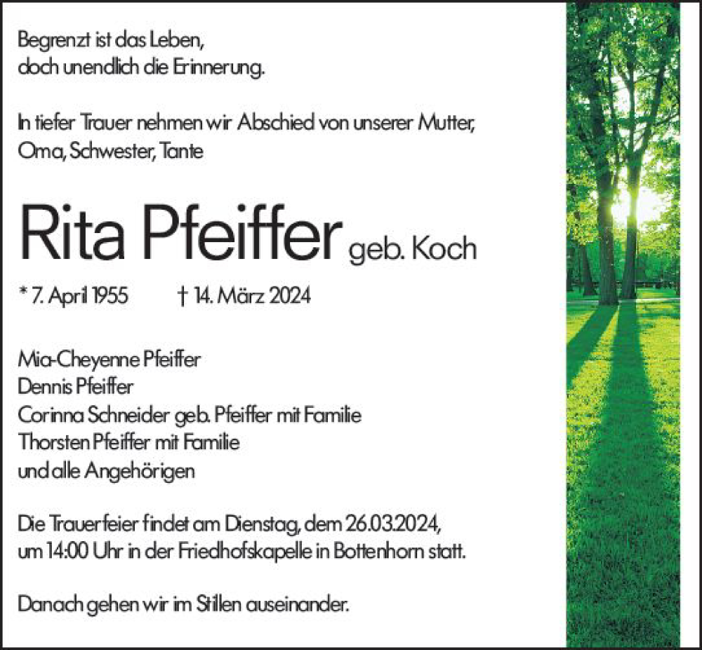  Traueranzeige für Rita Pfeiffer vom 23.03.2024 aus Hinterländer Anzeiger