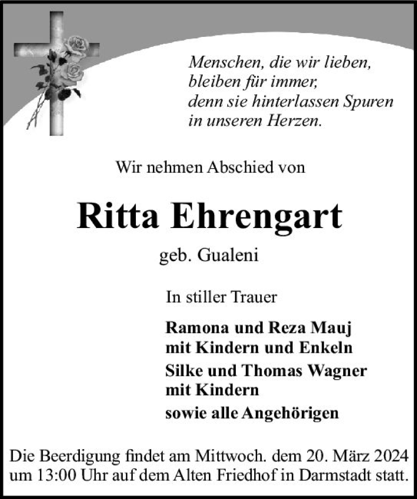 Traueranzeige für Ritta Ehrengart vom 16.03.2024 aus Darmstädter Echo