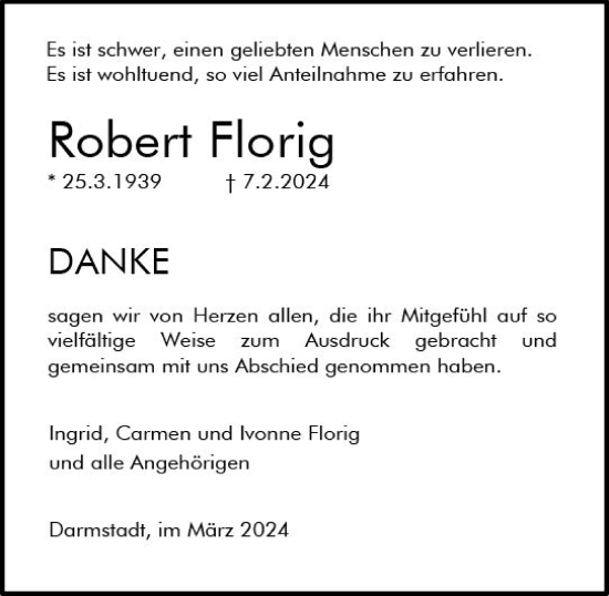 Traueranzeige von Robert Florig von Darmstädter Echo