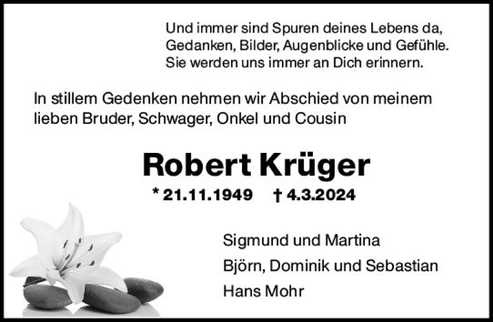  Traueranzeige für Robert Krüger vom 16.03.2024 aus Odenwälder Echo