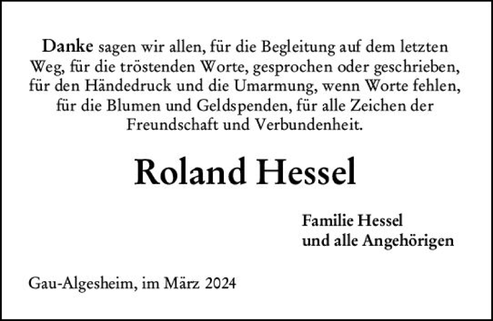  Traueranzeige für Roland Hessel vom 23.03.2024 aus Allgemeine Zeitung Bingen/Ingelheim