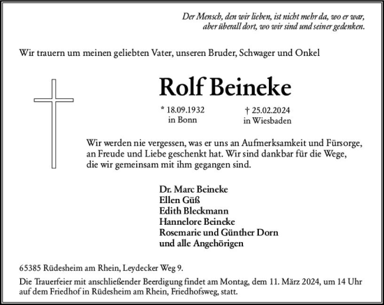 Traueranzeige von Rolf Beineke von Wiesbadener Kurier